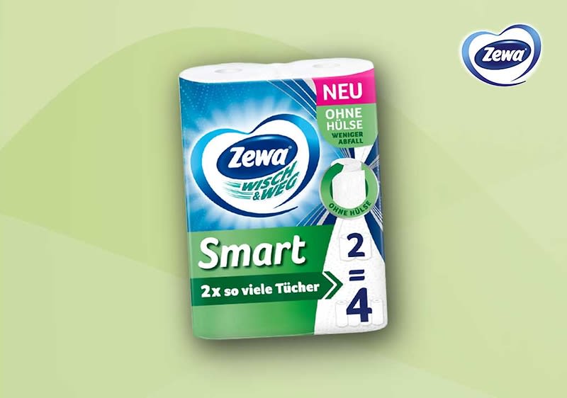 Eine Packung Zewa Wisch & Weg Smart Küchenpapier mit der Aufschrift „2 x so viele Tücher“. Oben rechts steht „NEU“ und „Ohne Hülse weniger Abfall“. Rechts ist das Zewa-Logo.