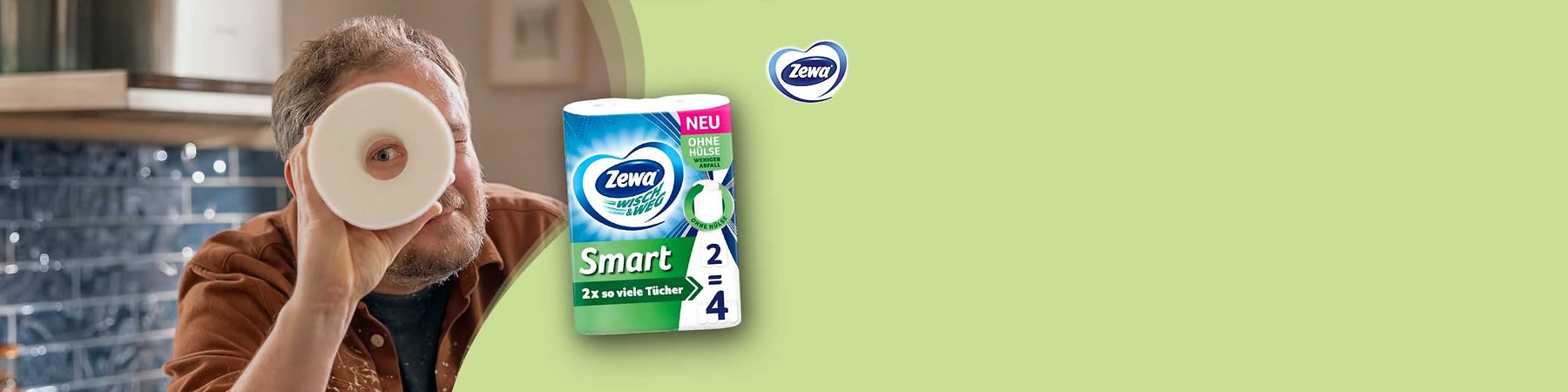 Zwei Rollen Zewa Wisch & Weg Smart Küchenpapier ohne Hülse, Verpackung in Blau und Grün mit der Aufschrift „2 x so viele Tücher“ und „2 = 4“