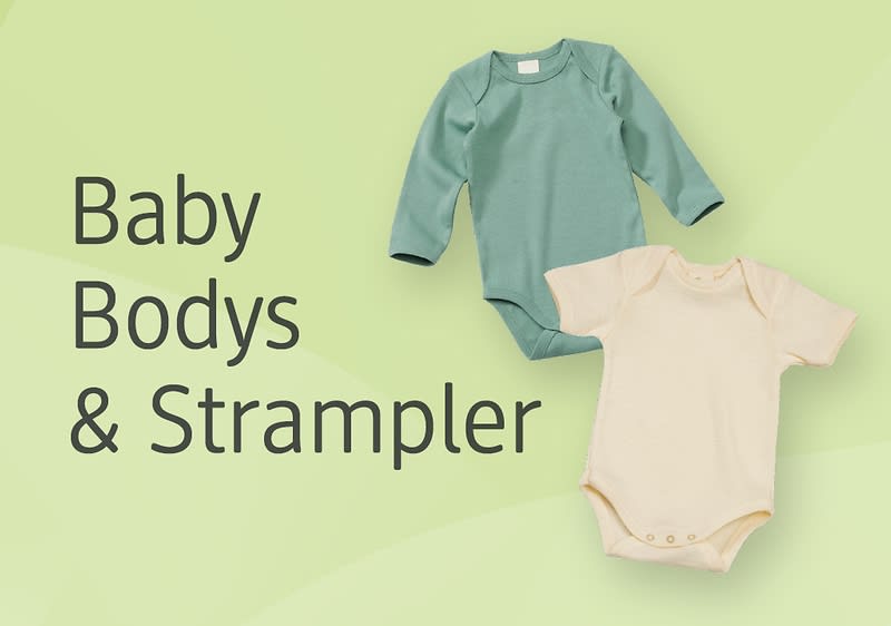 Zwei Baby-Strampler, einer in Grün mit langen Ärmeln und einer in Beige mit kurzen Ärmeln, daneben der Text „Baby Bodies & Strampler“ auf hellgrünem Hintergrund