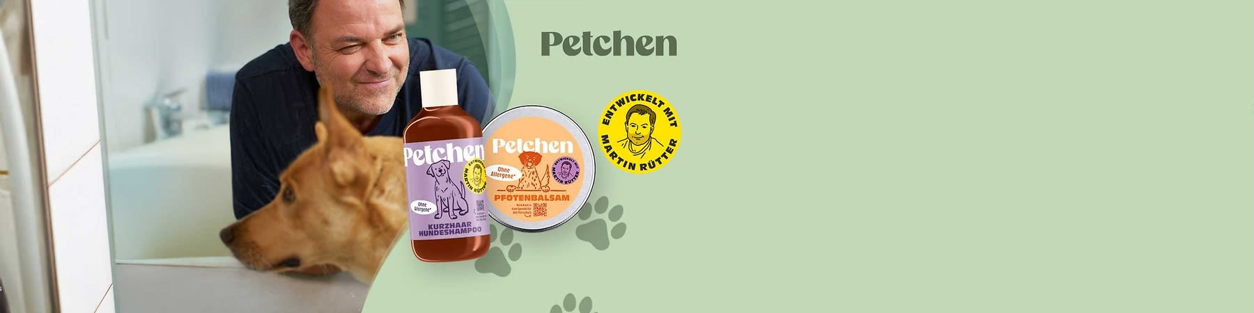 Eine Flasche Kurzhhaar Hundeshampoo und eine Dose Pfotenbalsam der Marke Petchen. Auf der Flasche ist ein Hund abgebildet, auf der Dose ein Hund mit Sonnenbrille. Beide Produkte sind ohne Mikroplastik. Rechts ein gelber Kreis mit der Aufschrift „Entwickelt mit Martin Rütter“
