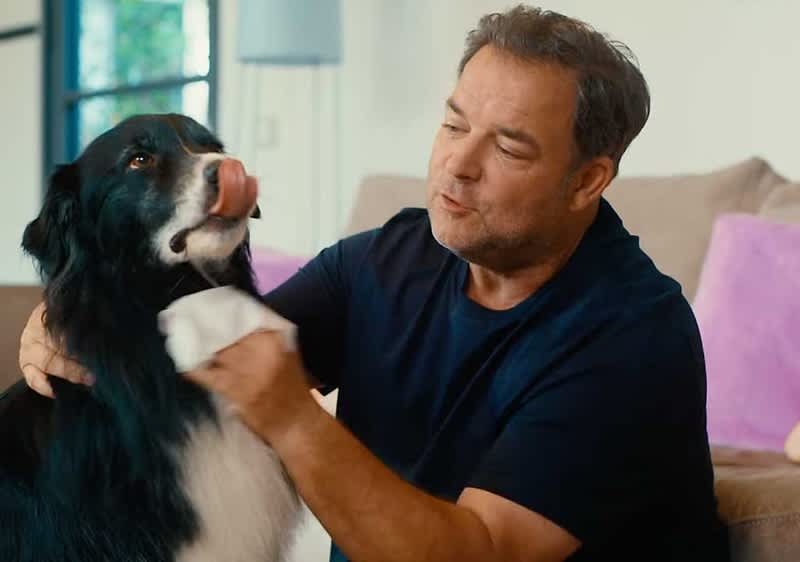 Martin Rütter in einem dunklen T-Shirt sitzt auf einem Sofa und streichelt einen schwarz-weißen Hund, der seine Zunge herausstreckt. Im Hintergrund sind ein Fenster und ein Kissen zu sehen.