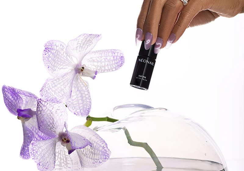 Eine Hand mit lila-manierten Nägeln hält eine schwarze Nagellackflasche von Neonail über einer Vase mit lila Orchideenblüten