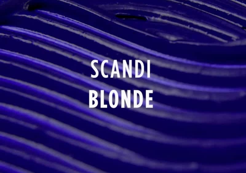 Der Text „Scandi Blonde“ steht vor einem Hintergrund mit blauen, geschwungenen Linien