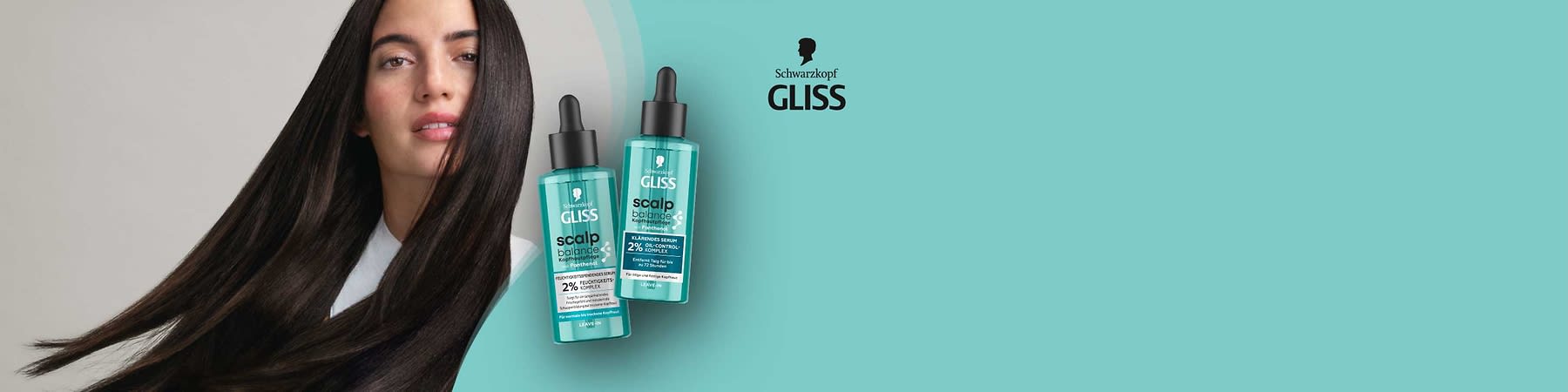 Zwei türkisfarbene Flaschen des Gliss Scalp Balance Serums von Schwarzkopf mit Pipette, Aufschrift „2% Derma-Clear-Komplex“, daneben ein rotes Schild mit der Aufschrift „NEU“