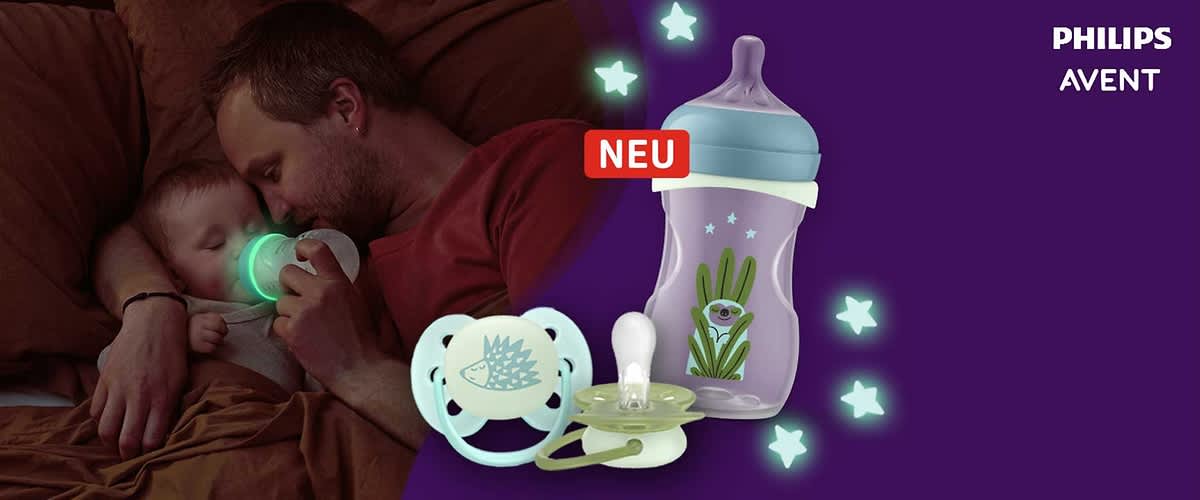 Eine Babyflasche und ein Schnuller von Philips Avent. Die Flasche hat ein hellblaues Oberteil und ein transparentes Design mit einem Tiermotiv und Pflanzen. Der Schnuller ist hellblau mit einem Igelmotiv. Links oben steht „NEU“ in einem roten Feld. Rechts oben sind die Worte „PHILIPS AVENT“ zu sehen. Im Hintergrund leuchten kleine Sterne.