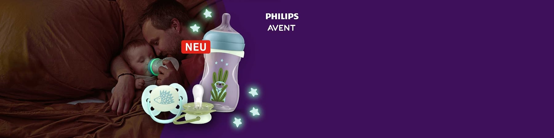 Eine Babyflasche und ein Schnuller von Philips Avent vor einem violetten Hintergrund. Die Babyflasche ist mit einem Tiermotiv und Pflanzen verziert. Der Schnuller hat ein Igelmotiv. Oben rechts steht „PHILIPS AVENT“ und ein rotes Label mit der Aufschrift „NEU“ ist sichtbar. Leuchtende Sterne sind im Hintergrund verteilt.