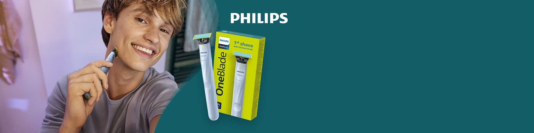 Eine Verpackung des Philips OneBlade Rasierers mit der Aufschrift „1st shave Anti-Friction Blade“ in Gelb und Blau. Daneben steht ein weißer Rasierer. Oben rechts das Logo von Philips