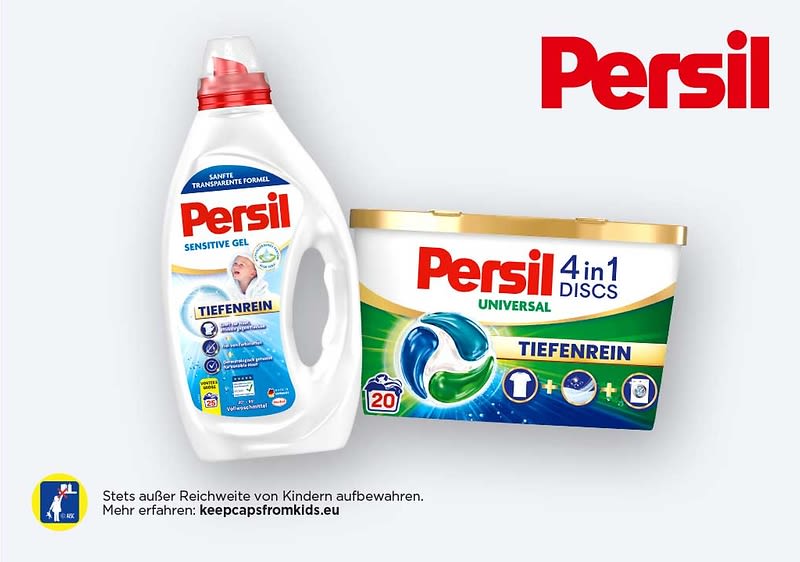 Zwei Persil-Produkte nebeneinander: links eine weiße Flasche Persil Sensitive Gel mit rotem Verschluss und Aufschrift „Tiefenrein“, rechts eine rechteckige Packung „Persil 4in1 Discs Universal“ mit Bild einer Kapsel, Aufschrift „Tiefenrein“ und Hinweis „20“