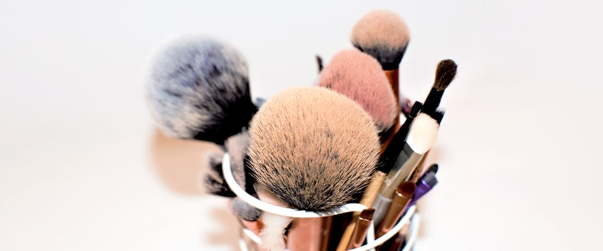 Mehrere Make-up-Pinsel in einem weißen Behälter, darunter große Puderpinsel und kleinere Lidschattenpinsel