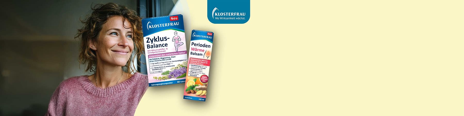 Eine Packung „Zyklus-Balance“ von Klosterfrau mit 60 Tabletten und eine Tube „Perioden Wärme Balsam“ mit 200 ml. Beide Produkte sind auf einem beigen Hintergrund abgebildet. Oben rechts das Logo von Klosterfrau