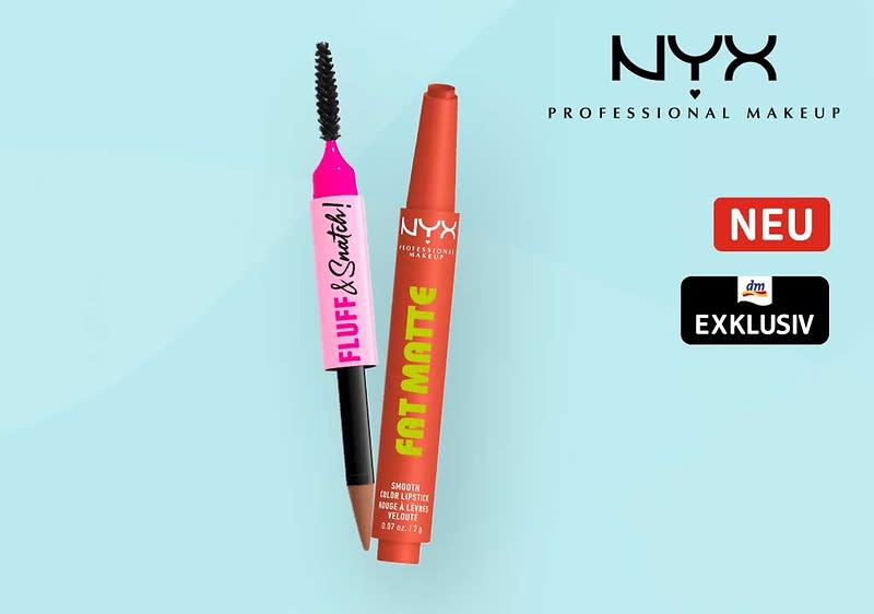 Zwei NYX-Mascara-Produkte vor hellem Türkis: links eine geöffnete pinke Wimpernbürste mit schwarzer Bürste und Aufschrift „FLUFF & GROWTH“, rechts eine geschlossene orange-rote Mascara-Röhre mit grüner Aufschrift „FAT MATTE“, oben rechts das NYX-Logo und daneben die Aufkleber „NEU“ und „EXKLUSIV“