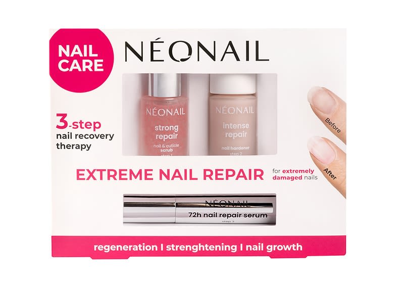 Packung des Nail-Care-Sets von NEONAIL mit drei Produkten: links eine rosa Flasche „strong repair“, in der Mitte eine hellere Flasche „intense repair“, unten ein silberner Stift mit der Aufschrift „72h nail repair serum“, oben links pinker Kreis mit „NAIL CARE“, darunter der Text „3-step nail recovery therapy“ und in der Mitte groß „EXTREME NAIL REPAIR“, am unteren Rand rosa Leiste mit „regeneration | strengthening | nail growth“ und rechts zwei Finger mit beschrifteten Nagelbereichen