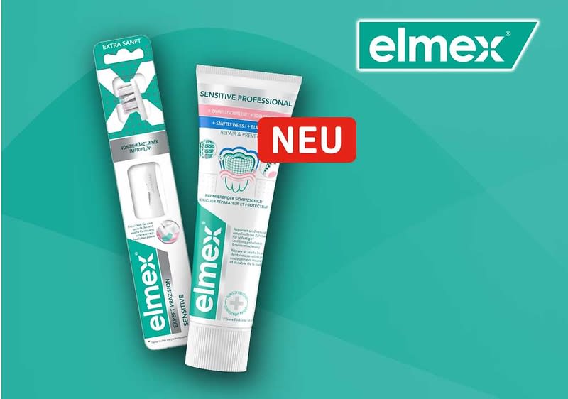 Zwei Elmex-Produkte vor türkisfarbenem Hintergrund: links eine in Weiß und Türkis gestaltete Zahnbürstenverpackung mit der Aufschrift „EXTRA SANFT“, rechts eine weiße Tube Elmex Sensitive Professional mit Zahn-Illustration und dem roten Hinweisfeld „NEU“, oben rechts das Elmex-Logo ohne Punkt am Satzende