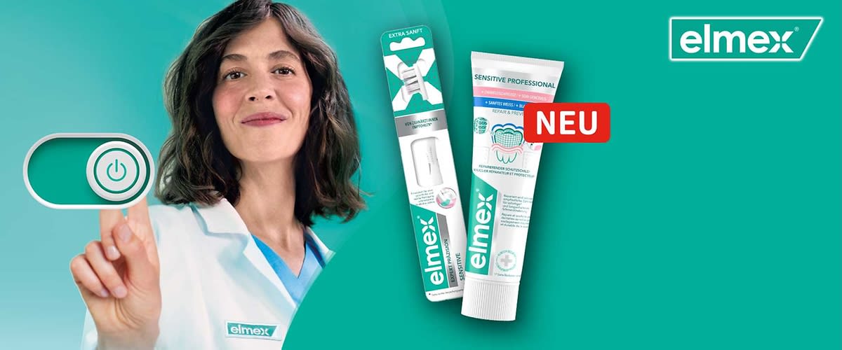 Zwei Elmex-Produkte vor türkisfarbenem Hintergrund: links eine in Weiß und Türkis gestaltete Zahnbürstenverpackung mit der Aufschrift „EXTRA SANFT“, rechts eine weiße Tube Elmex Sensitive Professional mit Zahn-Illustration und dem roten Hinweisfeld „NEU“, oben rechts das Elmex-Logo ohne Punkt am Satzende