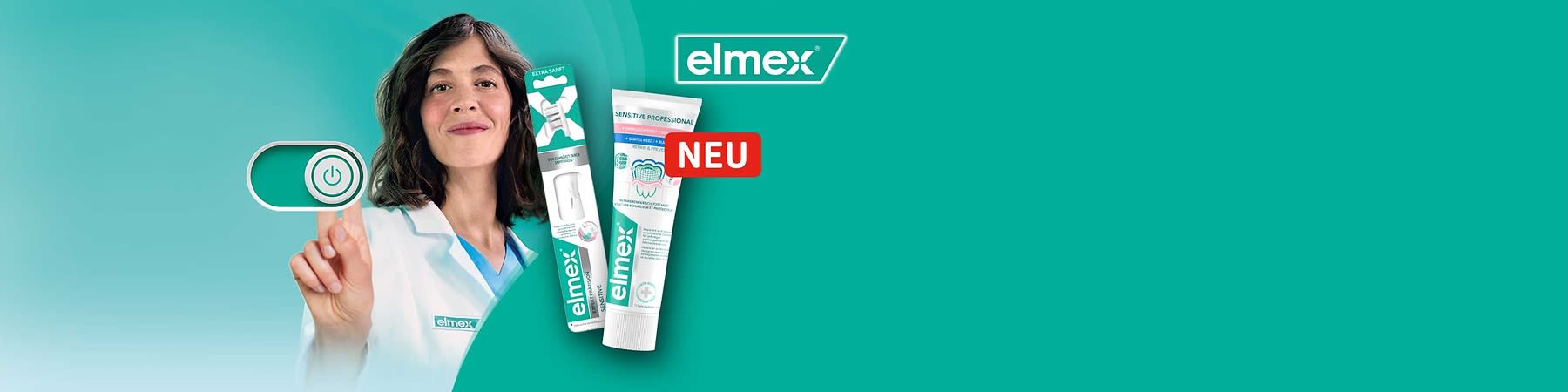 Zwei türkis-weiße Elmex-Produkte nebeneinander: links eine längliche Verpackung mit Zahnseide-Ersatzkopf und der Aufschrift „EXTRA SANFT“, rechts eine Zahnpastatube mit Zahn-Illustration und der roten Markierung „NEU“, oben rechts das Elmex-Logo