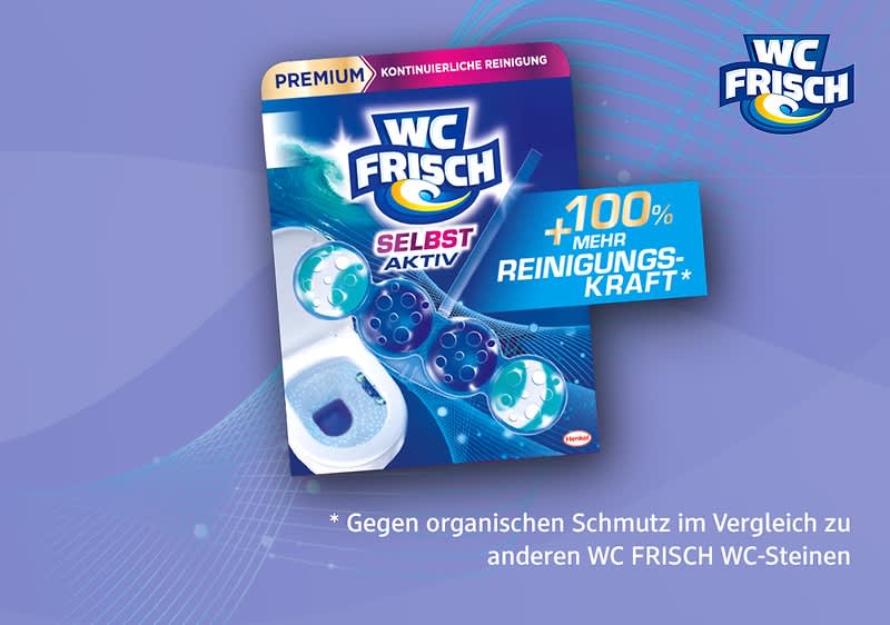 „Produktverpackung von WC Frisch mit der Aufschrift ‚Ozeanfrische Selbst Aktiv +100% Reinigungskraft‘, zeigt blaue WC-Reiniger-Kugeln“