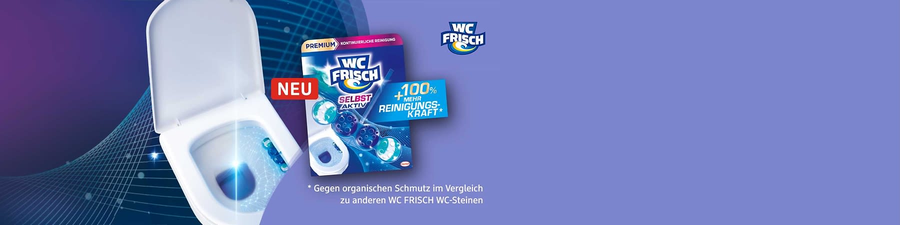 „Produktverpackung von WC Frisch mit der Aufschrift ‚Ozeanfrische Selbst Aktiv +100% Reinigungskraft‘, zeigt blaue WC-Reiniger-Kugeln“