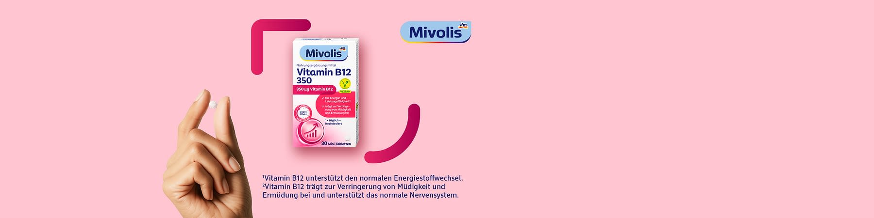 Hand hält eine kleine weiße Tablette zwischen Daumen und Zeigefinger, daneben eine weiße Verpackung von Mivolis Vitamin B12 350 mit blauem Logo, pinker Beschriftung „350 µg Vitamin B12“, Symbolen für Energie und 30 Mini-Tabletten vor rosa Hintergrund