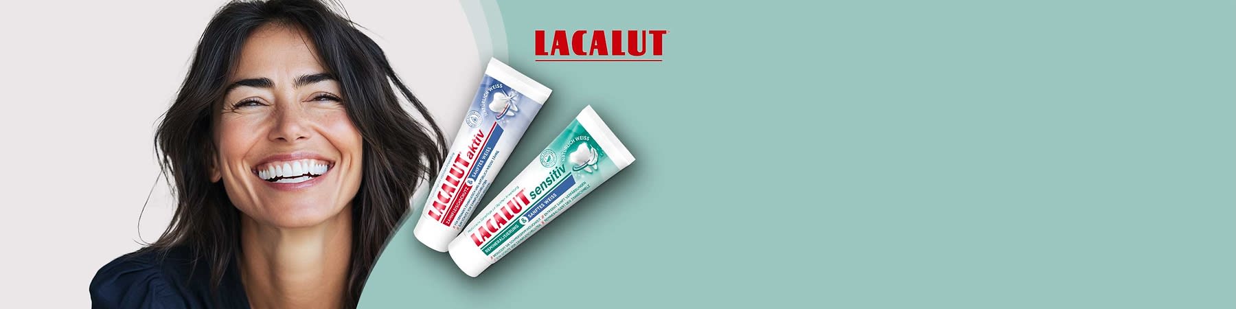 Zwei schräg angeordnete Tuben Zahnpasta der Marke LACALUT, links rote Verpackung mit Aufschrift „LACALUT aktiv“, rechts grüne Verpackung mit Aufschrift „LACALUT sensitiv“, im Hintergrund oben rechts das rote LACALUT-Logo