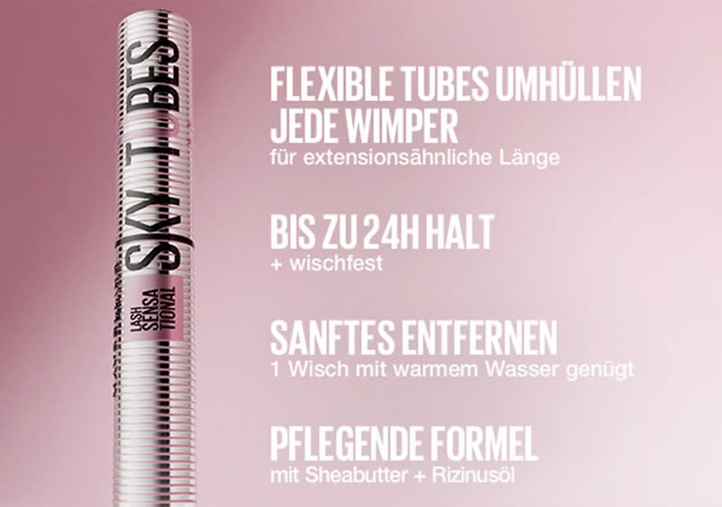 Rosa metallicfarbene Mascara-Röhre mit schwarzer Aufschrift „SIXTY- LASHES“ links, rechts vier weiße Textblöcke mit Produktinfos: „FLEXIBLE TUBES UMHÜLLEN JEDE WIMPER für extensionsähnliche Länge“, „BIS ZU 24H HALT + wischfest“, „SANFTES ENTFERNEN 1 Wisch mit warmem Wasser genügt“, „PFLEGENDE FORMEL mit Sheabutter + Rizinusöl“