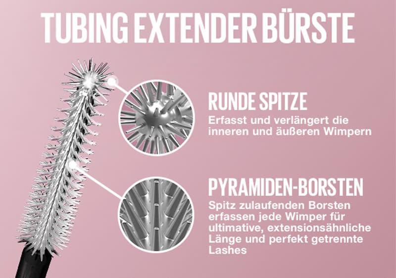 Produktgrafik auf rosafarbenem Hintergrund mit der Überschrift „TUBING EXTENDER BÜRSTE“, links eine silberne Mascara-Bürste mit feinen Borsten, rechts zwei Detailkreise: oben die Beschriftung „RUNDE SPITZE“ mit kurzem Text „Erfasst und verlängert die inneren und äußeren Wimpern“, unten die Beschriftung „PYRAMIDEN-BORSTEN“ mit kurzem Text „Spitz zulaufenden Borsten erfassen jede Wimper für ultimative, extensionsähnliche Länge und perfekt getrennte Lashes“