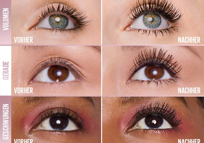 Sechs Nahaufnahmen von Augen in drei Paaren jeweils links „Vorher“ und rechts „Nachher“, oben hellblaue Augen mit deutlich längeren und dichter wirkenden Wimpern rechts, in der Mitte braune Augen mit stärker getrennten, längeren Wimpern rechts, unten dunkelbraune Augen mit mehr Volumen und Länge der Wimpern rechts, seitliche Beschriftungen „VOLUMEN“, „GERADE“, „GESCHWUNGEN“ jeweils neben den jeweiligen Paareingängen und die Worte „VORHER“ links sowie „NACHHER“ rechts bei jedem Bildpaar