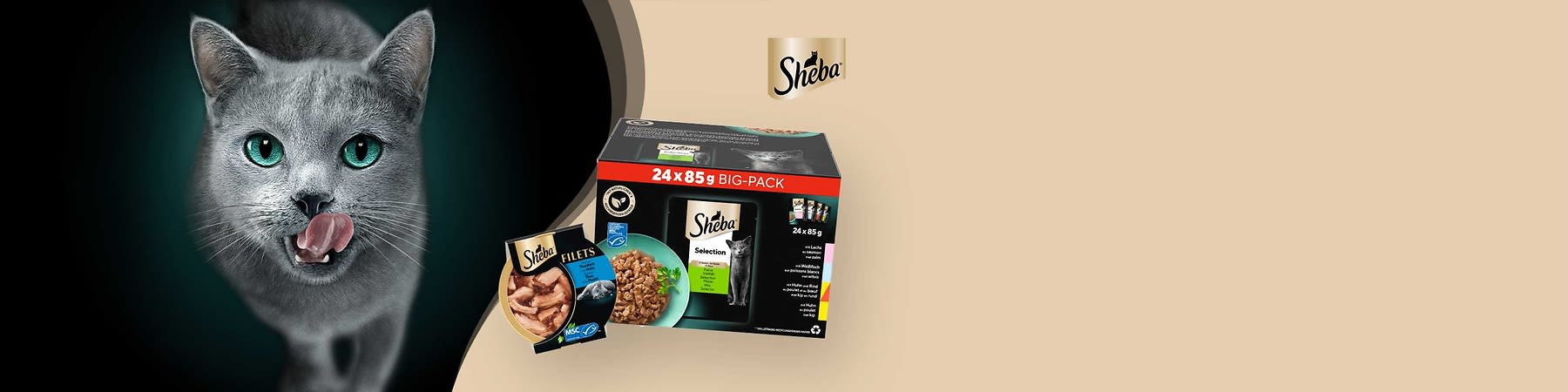 Auf einem hellgrauen Hintergrund rechts eine runde Dose Sheba Filets Katzenfutter mit sichtbaren Thunfischstücken und blauem MSC-Siegel, oben rechts das goldene Sheba-Logo, links im Bild ein Teil eines Katzenkopfs in Schwarzweiß mit sichtbaren Ohren und Augenmaßstäben, über dem Katzenkopf ein graues Rechteck, das einen Bereich überdeckt