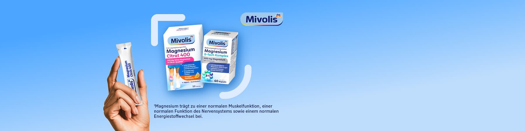 Zwei weiße Mivolis-Produktkartons vor blauem Hintergrund mit Aufschriften „Magnesium Citrat 400“ und „Magnesium 8-fach Komplex 400 mg Magnesium“, rechts oben Mivolis-Logo, links Hand, die einen einzelnen weißen Portionsstick mit Aufschrift „Magnesium Citrat 400“ hält, unten kleiner Hinweistext zur normalen Muskelfunktion und Energiestoffwechseln
