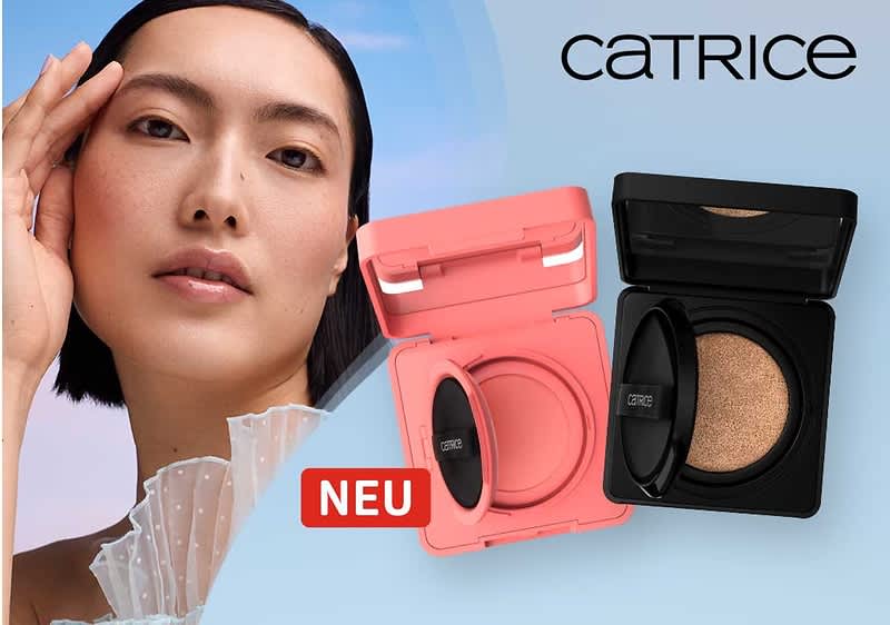 Zwei geöffnete Catrice Make-up-Quetschkompaktgehäuse nebeneinander, links rosa mit rundem Einsatz und Schwämmchen, rechts schwarz mit bronzefarbenem Puder, darüber rechts das Wort „CATRICE“ und unten links ein rotes Label mit weißer Aufschrift „NEU“