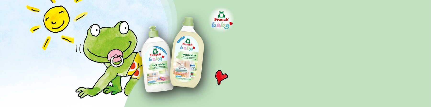 Zwei Frosch Baby Haushaltsprodukte auf hellgrünem Hintergrund: links eine weiße Spül-Reiniger-Flasche mit grünem Verschluss und dem Schriftzug „Frosch baby Spül-Reiniger“, rechts eine cremefarbene Waschmittel-Flasche mit grünem Verschluss und dem Schriftzug „Frosch baby Waschmittel“ sowie abgebildete Babysachen und das Frosch-Logo oben rechts