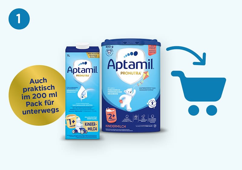 Zwei Aptamil-Produkte nebeneinander: links eine 200-ml-Kartonpackung Aptamil Kindermilch mit Aufschrift „Praktisch im 200 ml Pack auch für unterwegs“, rechts eine größere blaue Dose Aptamil Pronutra+ Kindermilch mit abgebildetem weißen Bären und der Aufschrift „Aptamil Pronutra+“, rechts daneben ein blauer Einkaufswagen-Piktogramm mit Pfeil darauf