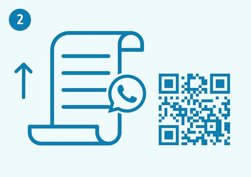 Grafische Darstellung einer aufgerollten Rechnung oder Quittung mit Linien als Text, daneben ein Sprechblasen-Symbol mit Telefonhörer und ein QR-Code, links ein Aufwärtspfeil und oben links eine blaue Kreiszahl „2