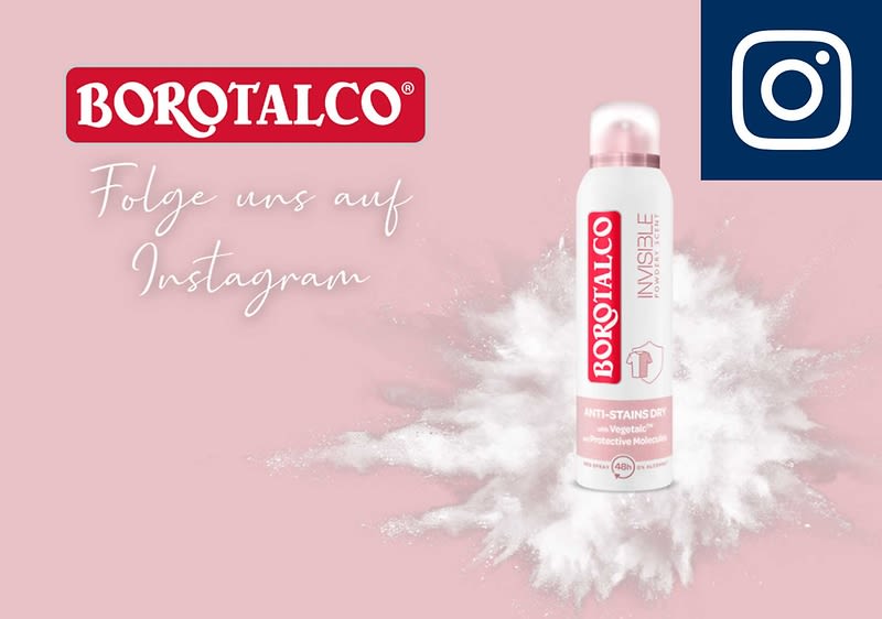 Auf rosafarbenem Hintergrund eine weiße und rosa Borotalco-Deospray-Dose mit der Aufschrift „INVISIBLE“ und „Borotalco“ vor einer Staub-/Puderwolke, links oben das rote Borotalco-Logo und darunter der Text „Folge uns auf Instagram“, oben rechts das Instagram-Symbol