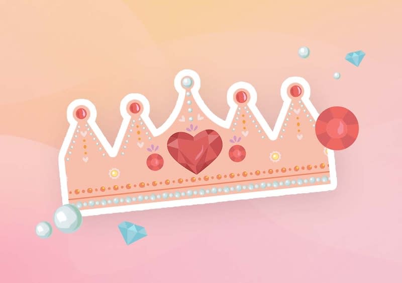 Pastellrosa Kindergirlande in Form einer Krone mit fünf Spitzen, mittig ein rotes Herz als Schmuckstein, weitere runde rote und goldene Ziersteine sowie kleine Perlen und funkelnde Diamant-Icons auf hellem rosa Verlaufshintergrund