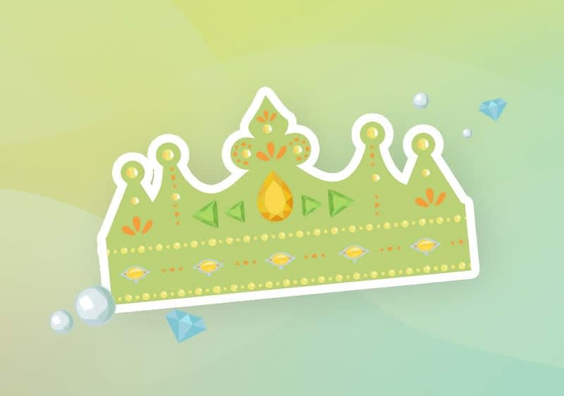 Grüne, stilisierte Papierkrone mit orangegelbem Schmuckstein und dekorativen Mustern auf hellgrünem Verlaufshintergrund, umgeben von kleinen Perlen- und Diamant-Icons