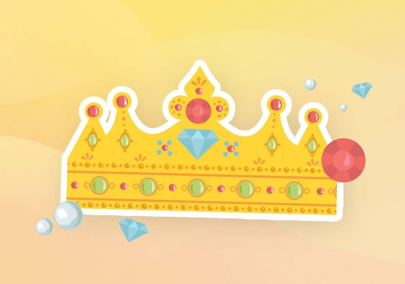 Bunte Illustration einer goldenen Kronenform mit roten und grünen Schmucksteinen, einem zentralen blauen Diamantenmotiv und mehreren kleinen schimmernden Perlen und Diamanten auf hellem gelbem Hintergrund