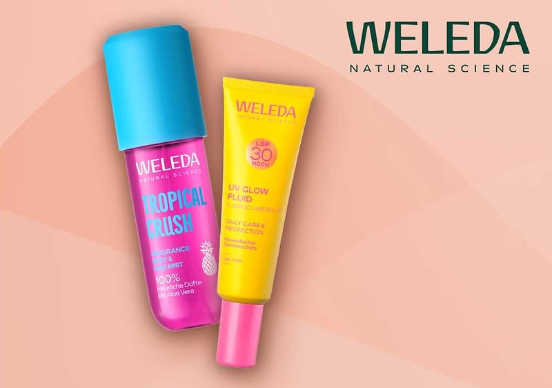Zwei Weleda-Produktverpackungen auf rosafarbenem Hintergrund: links rosa Flasche mit türkisblauem Verschluss und Aufschrift „Tropical Crush“, rechts gelbe Tube mit pinker Kappe und Aufdruck „SPF 30 UV Glow Fluid“, oben rechts Weleda-Logo mit Schriftzug „Natural Science“