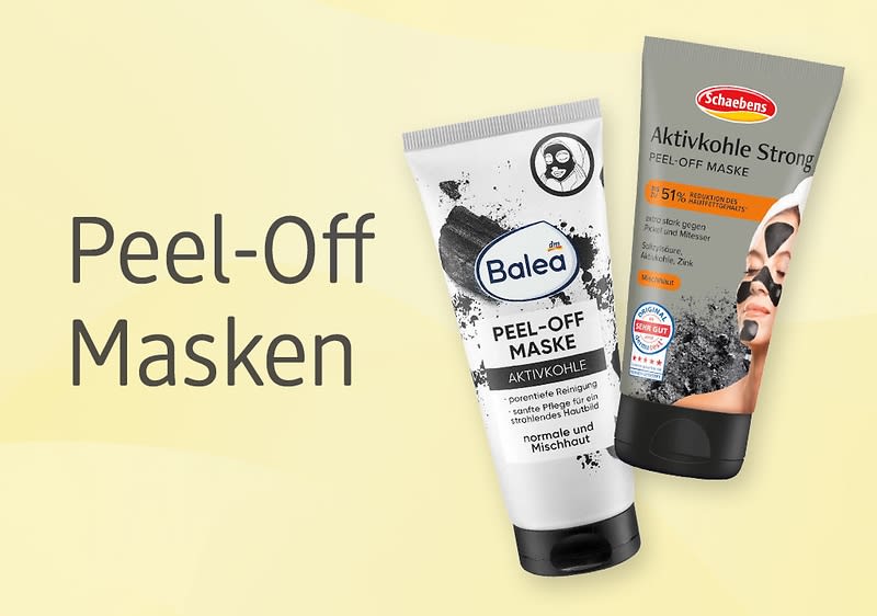 Zwei Tuben Peel‑Off-Gesichtsmasken vor hellem gelblichen Hintergrund; links eine weiße Tube der Marke Balea mit der Aufschrift „Peel‑Off Maske Aktivkohle“ und schwarzem Schraubverschluss, rechts eine graue Tube der Marke Schaebens mit der Aufschrift „Aktivkohle Strong Peel‑Off Maske“ und abgebildeter Gesichtsfläche mit schwarzer Maske, links daneben großer Text „Peel‑Off Masken“