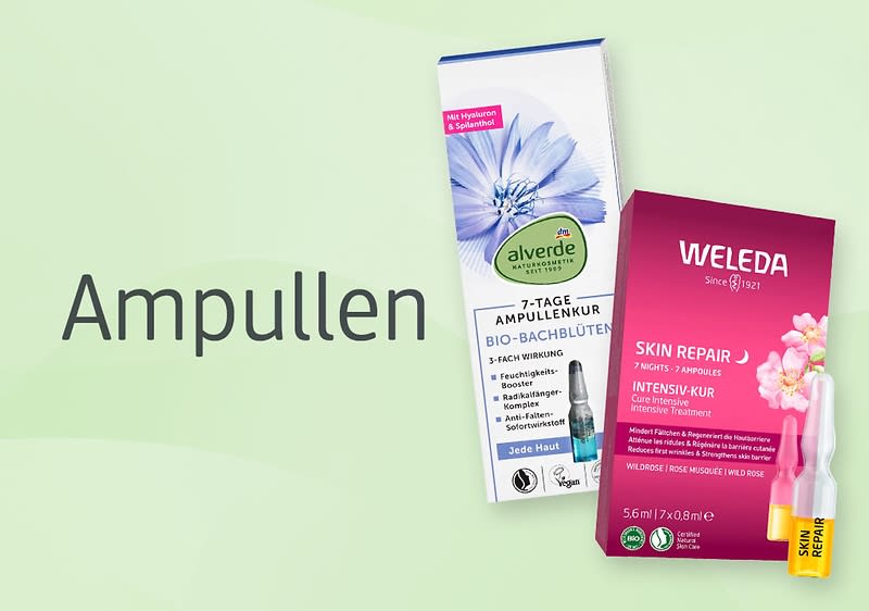 Auf hellgrünem Hintergrund links das Wort „Ampullen“, rechts zwei Produktverpackungen: links ein weiß-grünes alverde-Karton mit blauem Blumenmotiv und der Aufschrift „7-Tage Ampullenkur Bio-Bachblüten“, rechts ein pinkes Weleda-Karton mit der Aufschrift „Weleda Skin Repair Intensiv-Kur“ sowie eine gelb-weiße Ampulle vor der Packung