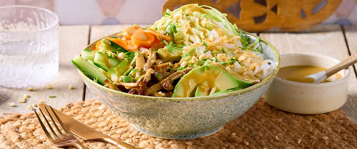 Schale mit gemischtem Salat aus Avocadoscheiben, Gurkenstreifen, Karottenscheiben, Krautsalat, Kojaknudeln und Sesam-Dressing