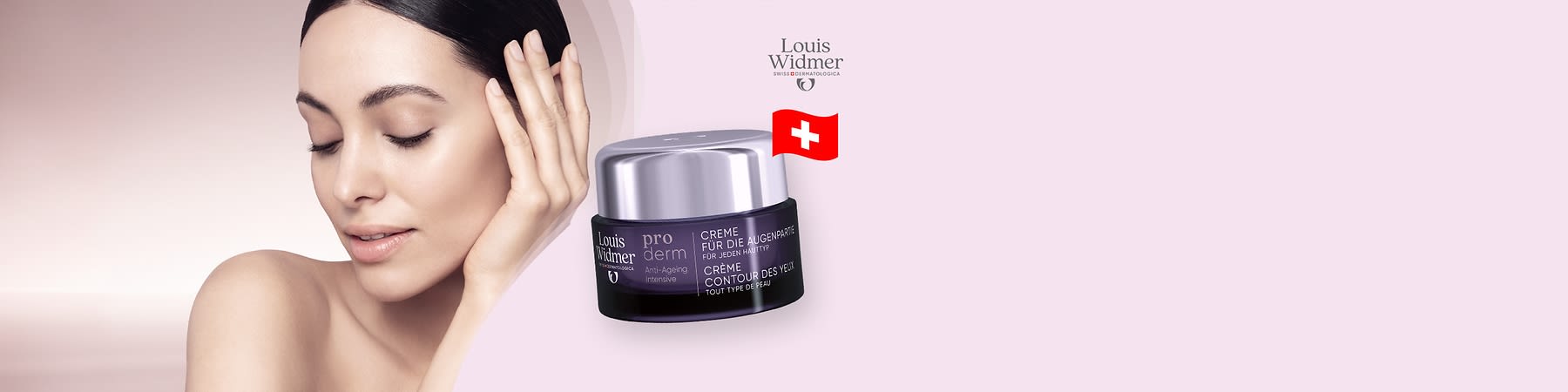 dunkelviolette Creme-Dose mit silbernem Schraubdeckel Marke Louis Widmer pro derm, Aufdruck „Crème für die Augenpartie“ und weiterer Produkttext