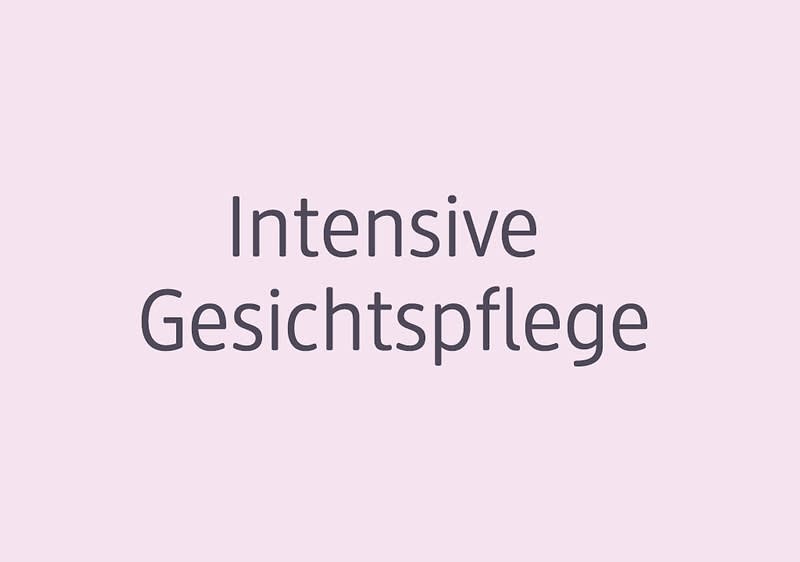 Lila Hintergrund mit dem Text „Intensive Gesichtspflege“ in dunkler Schrift