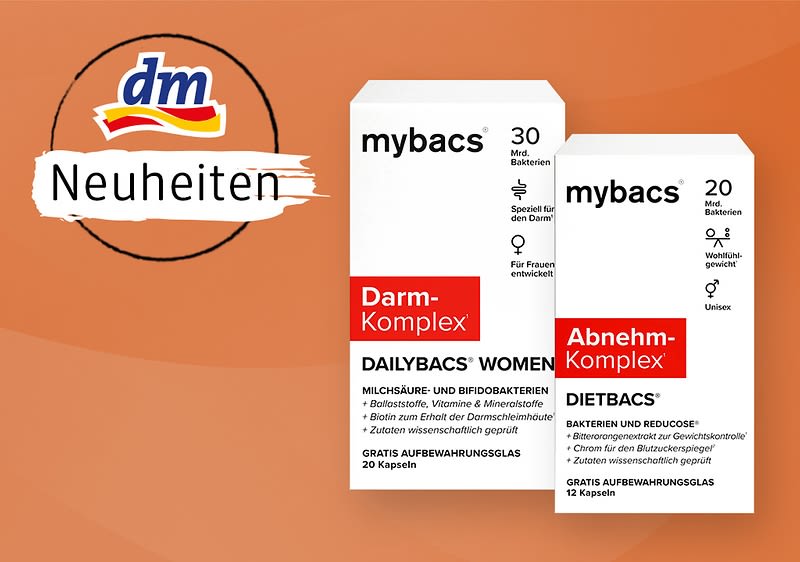 zwei weiße Produktverpackungen der Marke „mybacs“, links „Darm-Komplex DAILYBACS WOMEN“ mit rotem Balken und „30 Mil. Bakterien“ oben, rechts „Abnehm-Komplex DIETBACS“ mit rotem Balken und „20 Bakterien“ oben, links oben dm-Logo mit Schriftzug „Neuheiten“