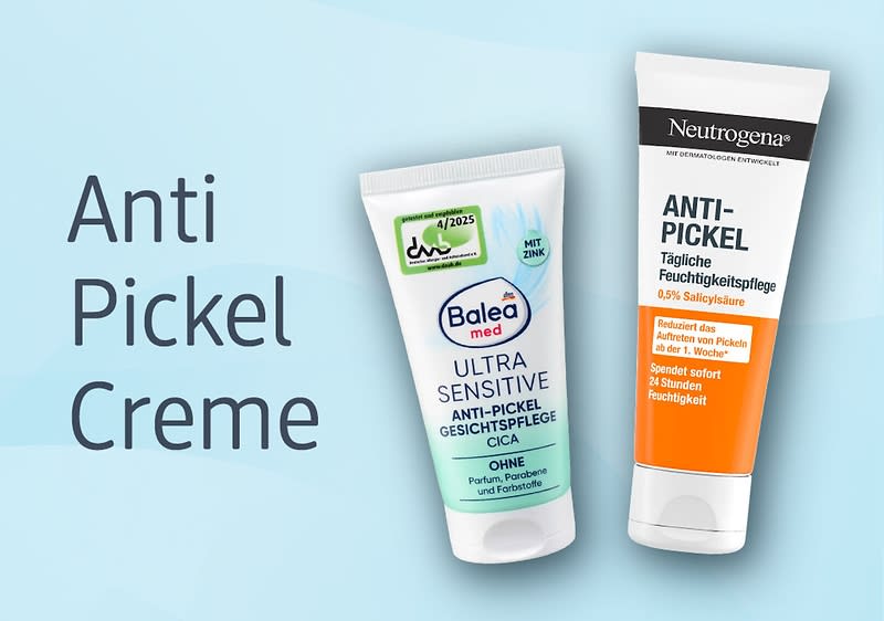 Hellblauer Hintergrund, links großer Text „Anti Pickel Creme“, rechts zwei Tuben: links weiße Tube „Balea med Ultra Sensitive Anti-Pickel Gesichtspflege CICA“ mit grünem Siegel, rechts weiß-orange Tube „Neutrogena Anti-Pickel Tägliche Feuchtigkeitspflege 0,5% Salicylsäure“