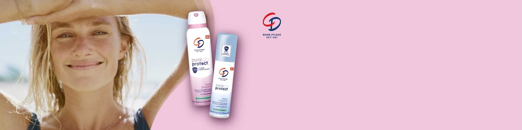 Zwei Deosprays der Marke CD Pure Protect in rosa und hellblauer Sprühdose; links „fresh blossom“ 72h, rechts „aqua essence“ 72h, Markenlogo oben rechts auf hellem rosa Hintergrund