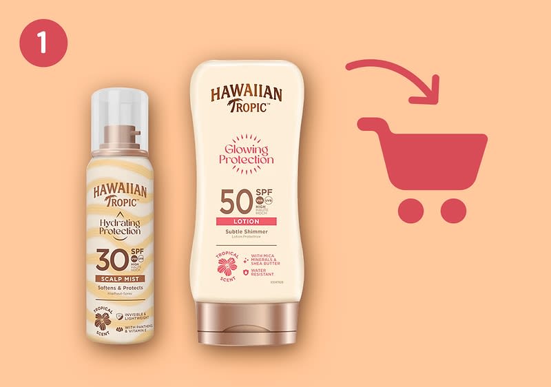 Zwei Produkte von Hawaiian Tropic zeigen auf Einkaufswagen-Symbol.