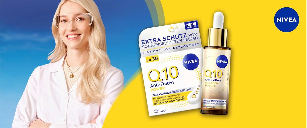 Zwei NIVEA-Produkte vor gelbem Hintergrund: links weiß-blau verpackte Box „Q10 Anti-Falten Power“ mit Aufschrift „Extra Schutz vor sonnenbedingten Falten“, LSF 30, rechts braune Glasflasche mit Pipette und Etikett „NIVEA Q10 Anti-Falten Kollagen Experte“