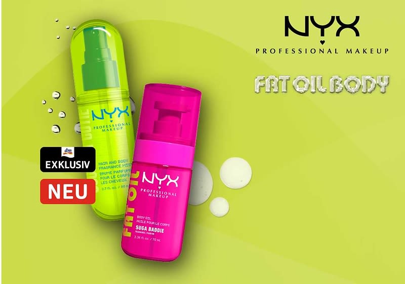 zwei NYX Professional Makeup Körperöle in grüner und pinker Pumpflasche auf hellgrünem Hintergrund, rechts oben NYX-Logo und Schriftzug „FAT OIL BODY“, links schwarze Marke‑label „EXKLUSIV“ und rotes Label „NEU“