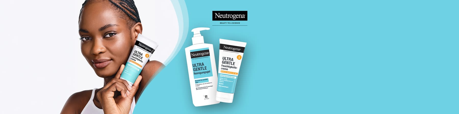 Frau mit dunkler Hautfarbe hält eine Tube Neutrogena Ultra Gentle Reinigungspflege, daneben auf türkisfarbenem Hintergrund eine Neutrogena Ultra Gentle Reinigungsflasche mit Pumpspender und eine Neutrogena Ultra Gentle Feuchtigkeitscreme, oben rechts Neutrogena-Logo