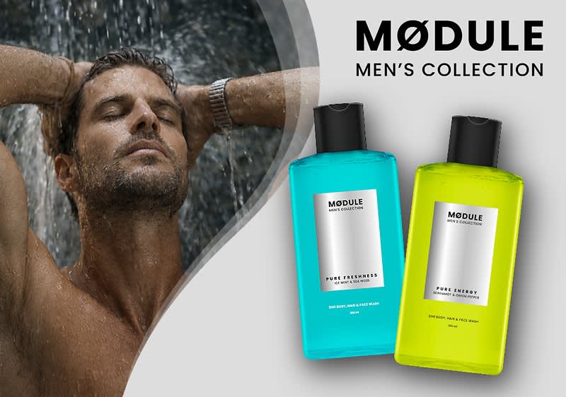 MØDULE Men’s Collection Produktbild mit zwei Duschgel-Flaschen, eine türkisfarbene mit der Aufschrift „Pure Freshness“ und eine orangefarbene mit der Aufschrift „Pure Sensations“, rechts ein halbkreisförmiger Bildausschnitt eines Mannes unter der Dusche mit unkenntlich gemachtem Gesicht